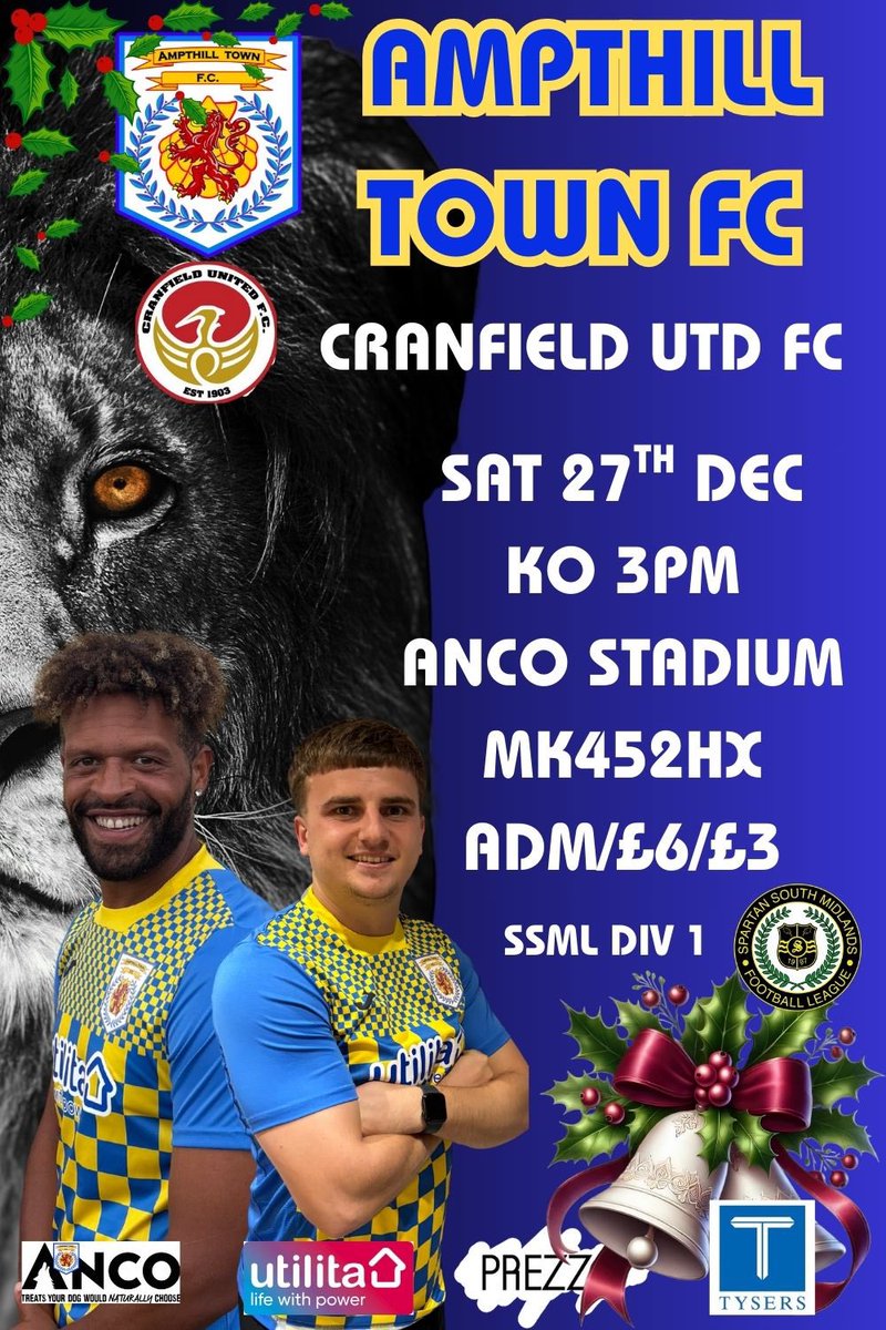 ampthillfc's tweet image. Coming up at the Anco Stadium it’s the Amps v the Cranes in a Christmas Derby on Sat 27th Dec, KO3pm, Gates, Bar &amp;amp; Cafe at 2pm.  Get down to Ampthill Park and support your local NLS football.  COYA💛💙💛 @TysersSport  @UtilitaFootball @ampthillinfo  @SSMFLOfficial @BedsFA