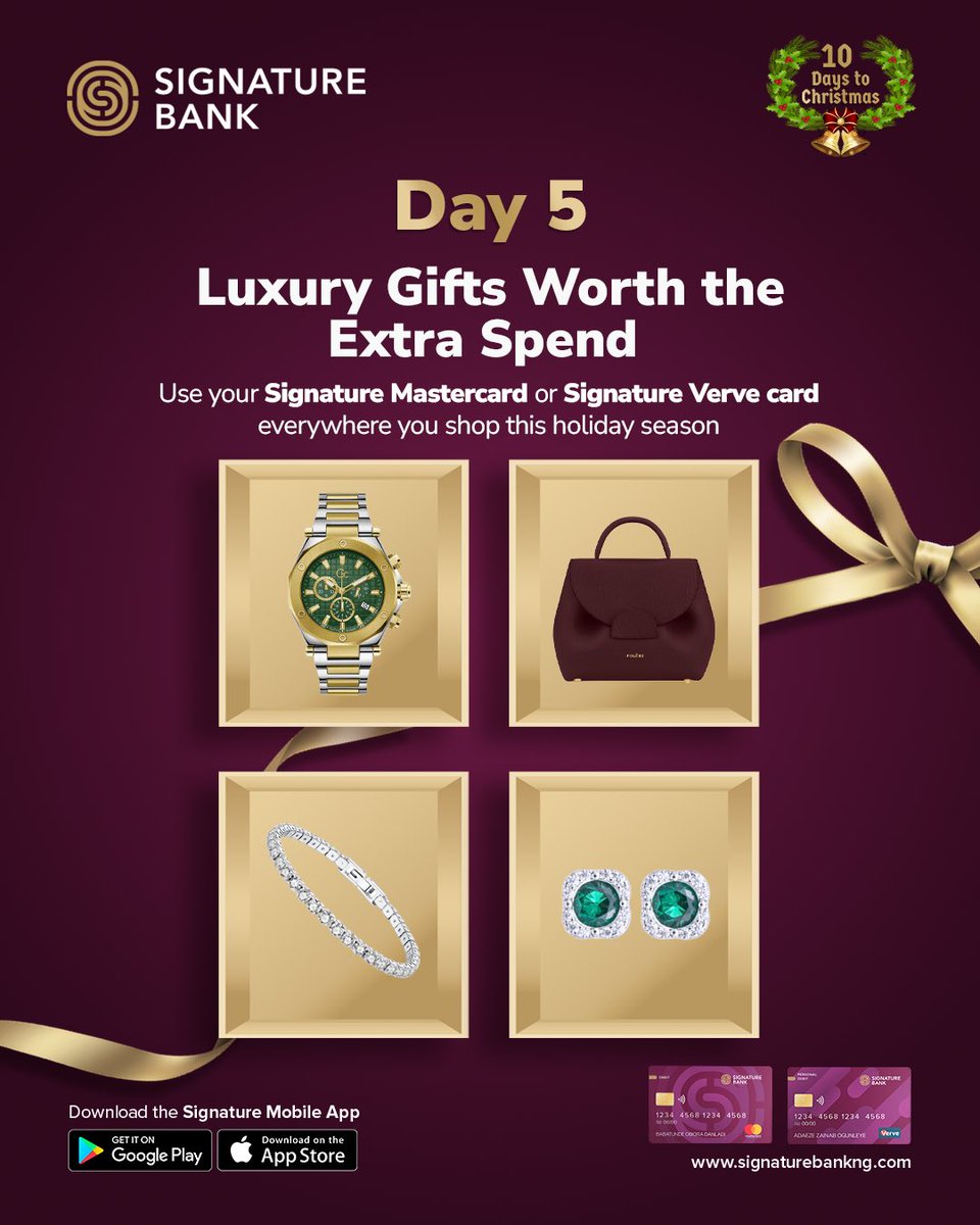 Signaturebankng's tweet photo. If you want the gift to stand out, choose something with presence.
These picks deliver the “wow” factor without saying a word.
How are you gifting this season?
Season’s Greetings.
#SignatureBankNG #MakeYourMark #10DaysOfChristmas https://t.co/F2JsvSSb5B