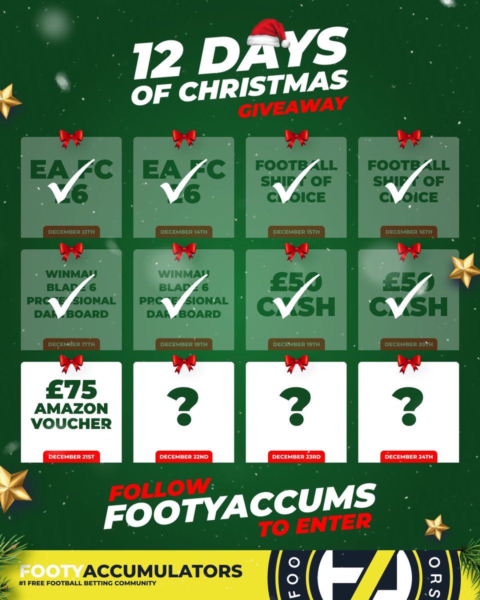 FootyAccums's tweet image. DAY 9 OF OUR 12 DAYS OF GIVEAWAYS! 🚨

WIN A £75 AMAZON VOUCHER! 💰

RETWEET &amp;amp; FOLLOW TO ENTER! ✅

Winner picked TONIGHT @ 10pm - good luck! 🙏