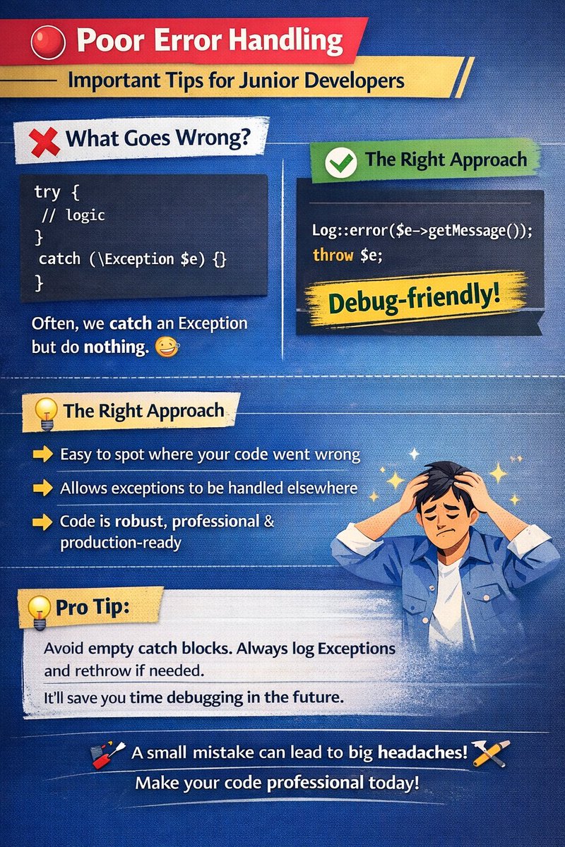 shamimrdev's tweet image. 🔴 Poor Error Handling – A Critical Tip for Junior Developers 💥
#PoorErrorHandling #ProgrammingTips #JuniorDeveloper #LaravelDeveloper #PHPDeveloper #WebDevelopment #CleanCode #Debugging #SoftwareDevelopment #DeveloperTips #CodeSmarter #TechEducation #LearnToCode #DevCommunity