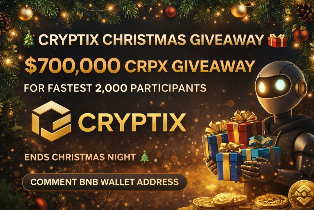 cryptix_ai25's tweet image. 🎄🎁 CRYPTIX (CRPX) CHRISTMAS GIVEAWAY 🎁🎄

$700,000 CRPX Giveaway for the fastest 2,000 participants 🔥
Each eligible participant will receive CRPX rewards directly to their wallet.

⏰ Giveaway ends on Christmas Night (25th December)

⸻

✅ How to Participate:
•Follow…
