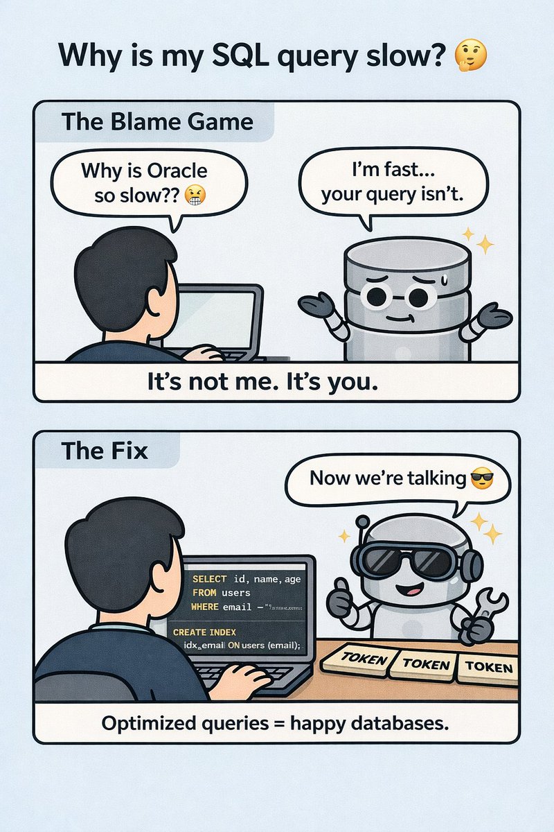ArshanSk_'s tweet image. Your SQL query isn't slow because of Oracle.

It's slow because of how it’s written.

Missing indexes, functions in WHERE clauses, SELECT * 

Oracle can't optimize what you confuse. 😅

#OracleSQL #SQL #Databases