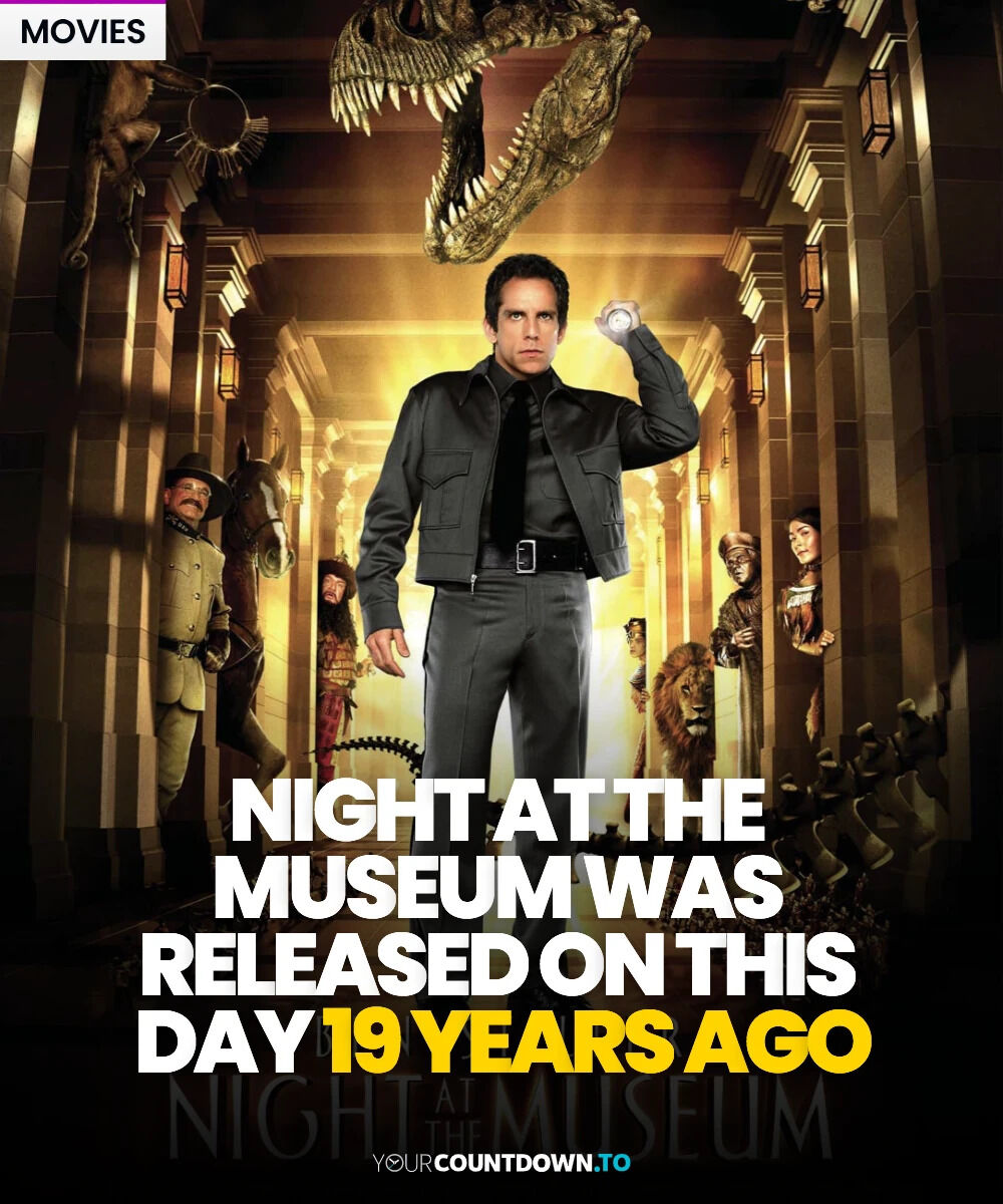 YourCountdownTo's tweet image. When the lights go out, history comes alive! 🦖✨ Night at the Museum (2006) turned museums into magical chaos. Released Dec 21, 2006 — Ben Stiller meets mummies, cowboys &amp;amp; T-Rex skeletons in one unforgettable night! 🏛️ #NightAtTheMuseum #MovieMagic