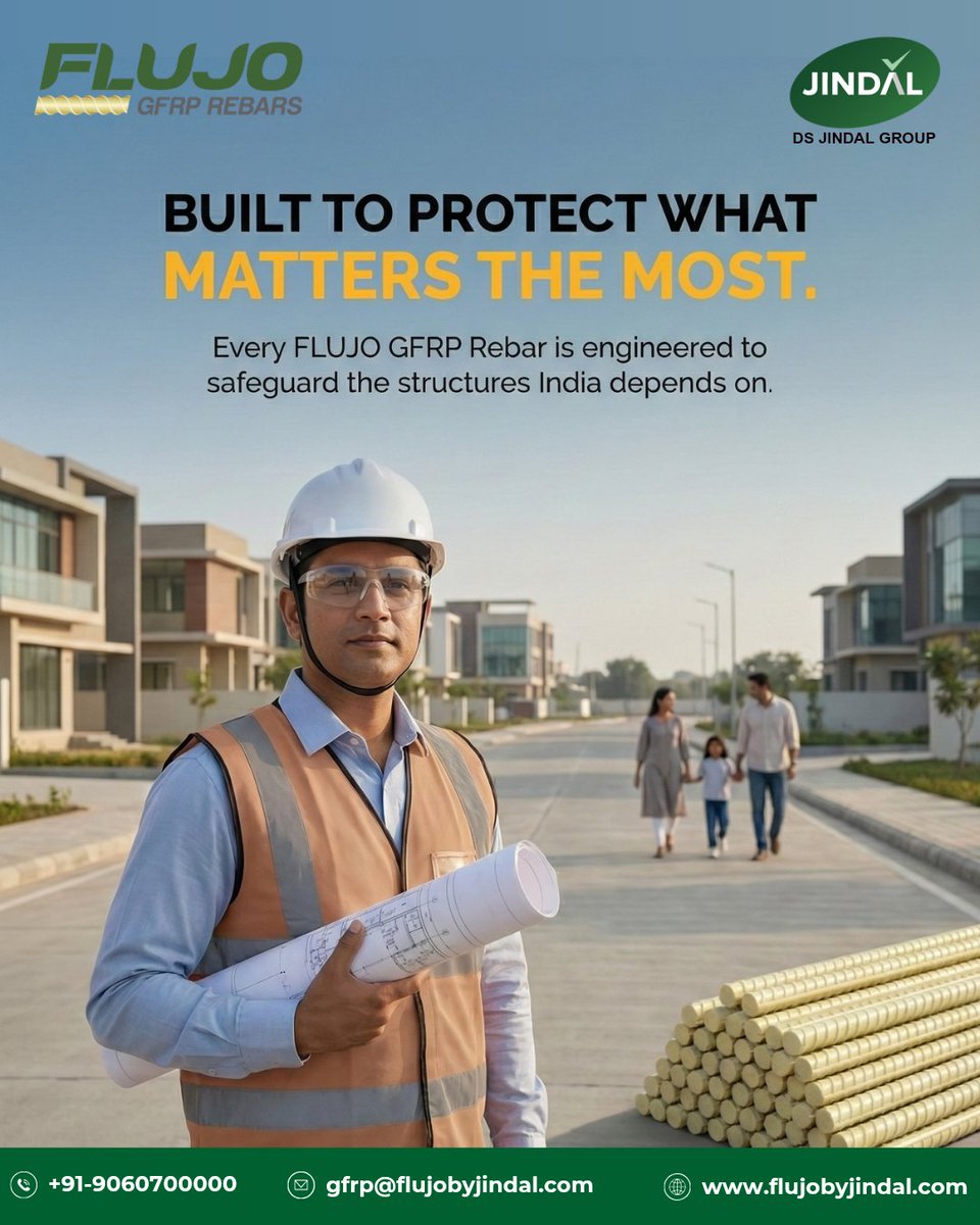 DSJindalGroup's tweet image. Build today. Protect tomorrow.
Choose FLUJO GFRP Rebars for corrosion-free, future-ready safety.

📞 +91-9060700000
✉️ gfrp@flujobyjindal.com
🌐 flujobyjindal.com

#FlujoGFRPRebars #BuildForGenerations #FutureReadyInfrastructure #StructuralSafety