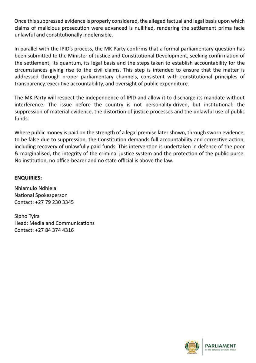 [MEDIA STATEMENT]: MK PARTY CONFIRMS IPID’s ACKNOWLEDGEMENT OF TWO AFFIDAVITS PLACING SUPPRESSED EVIDENCE AND SERIOUS POLICE MISCONDUCT UNDER FORMAL INVESTIGATION