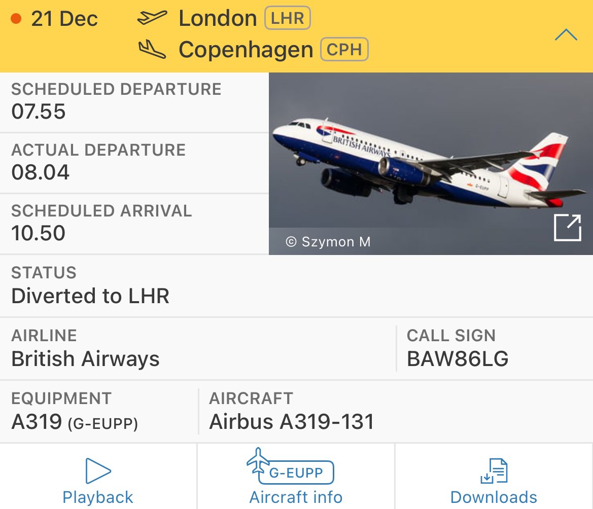 British Airways flight #BA806, operating from London Heathrow to Copenhagen Airport, returned to London shortly after takeoff. The reason for the return is currently unknown.