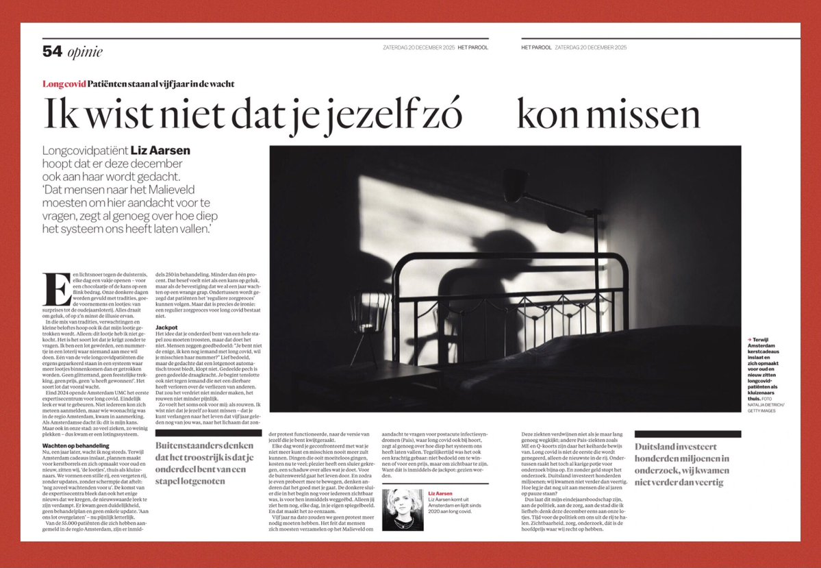 JimFaas's tweet image. 🟥 LONGCOVID 🟦 AL 5 JAAR IN DE WACHT 

🟧 Longcovidpatiënt Liz Aarsen in Parool: 

🗣️ ‘Dus laat dit mijn eindejaarsboodschap zijn, aan de politiek, aan de zorg, aan de stad die ik liefheb: denk deze december eens aan onze lootjes.’ 

🗣️ ‘Tijd voor de politiek om ons uit de rij…