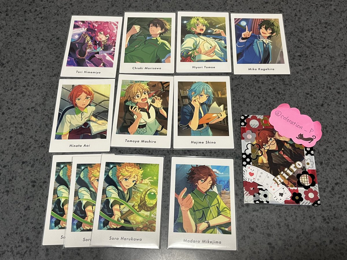 あんスタ ぱしゃっつ 交換or譲渡

【譲】
A→桃李
P→千秋/日和/みか/ひなた/友也/創/宙3/斑

【求】
AP一彩or AP燐音
＞AP藍良/マヨイ/巽/HiMERU/ニキ/こはく
or 定価（¥90）+送料

・1〜ok
・郵送のみ
・A⇔P、P⇔A可
・譲渡の場合、お支払方法はPayPay＞銀行振込

お気軽にお声掛けください。