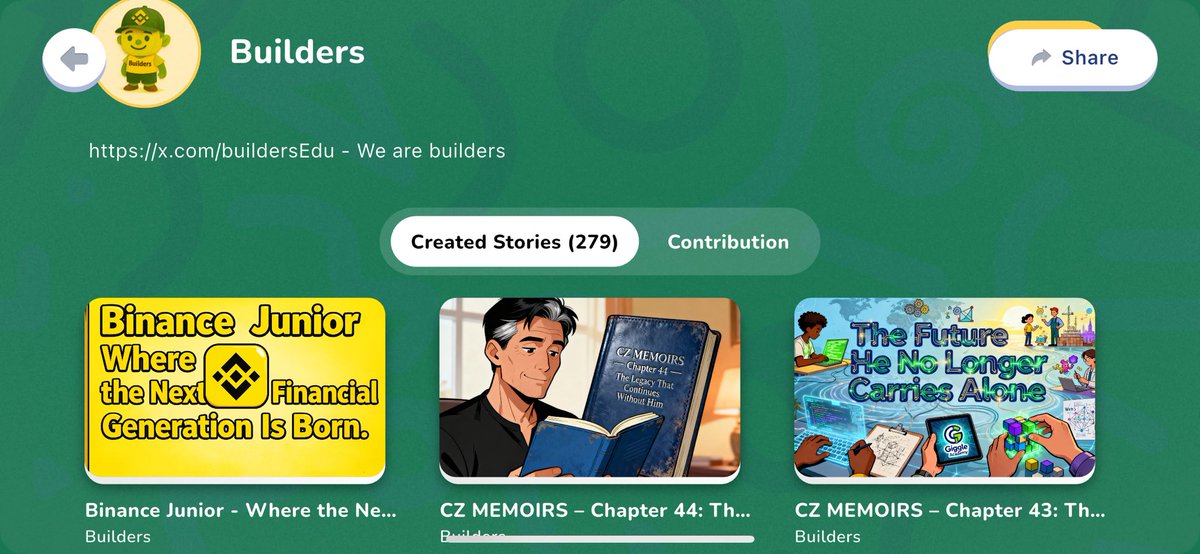 1,055 educational stories for children.
Written consistently over nearly eight months. <a href="/cz_binance/">CZ 🔶 BNB</a> <a href="/heyibinance/">Yi He</a> 
And in just the past 10 days, the Builders community has added 74 new stories.

These stories are published on Giggle Academy, a free education platform for children