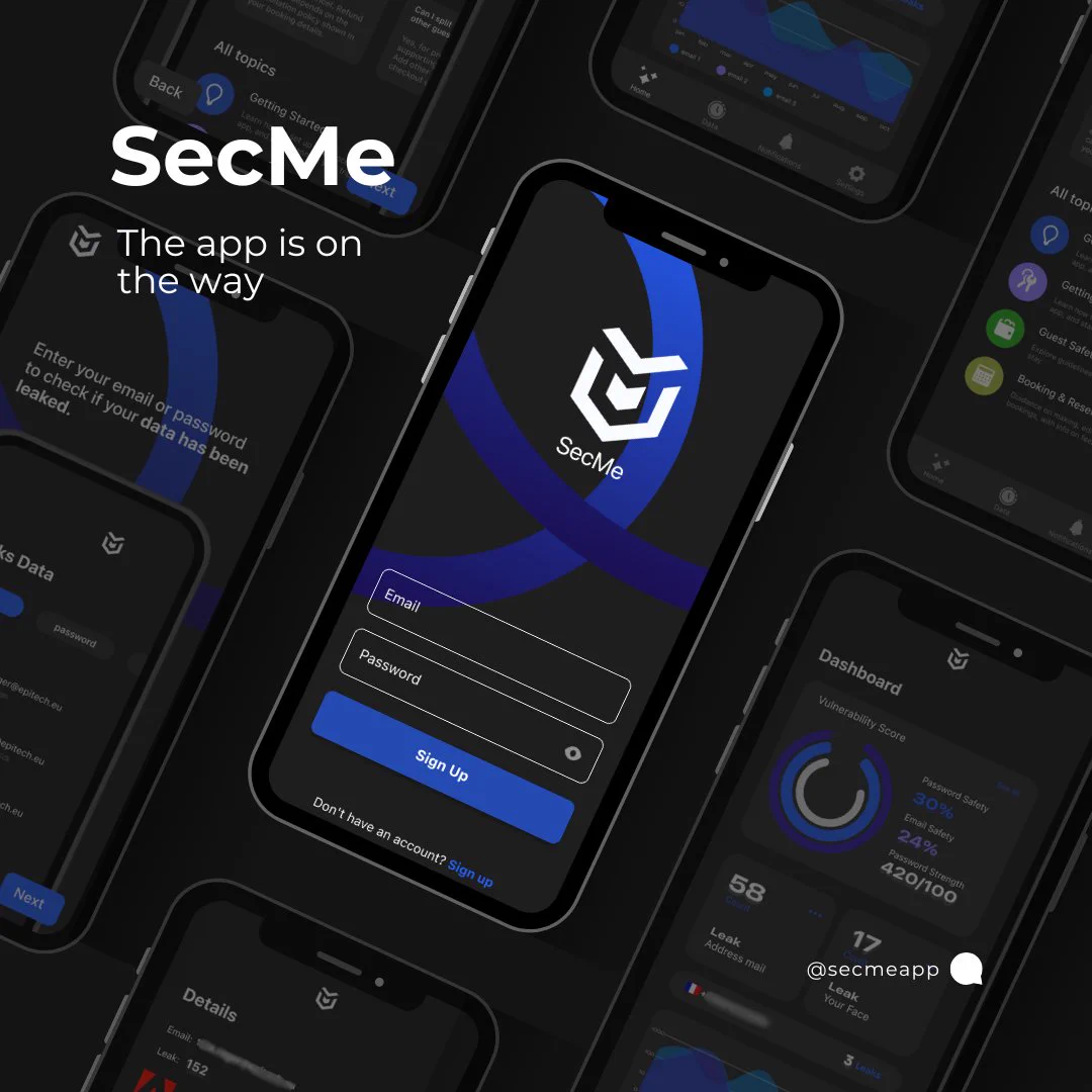 A dark, minimalist preview of the SecMe mobile app interface. Multiple smartphone screens display login, dashboard, and security features with blue and black tones. The SecMe logo is centered on the main device, and the text 'The app is on the way' appears in the upper left.
