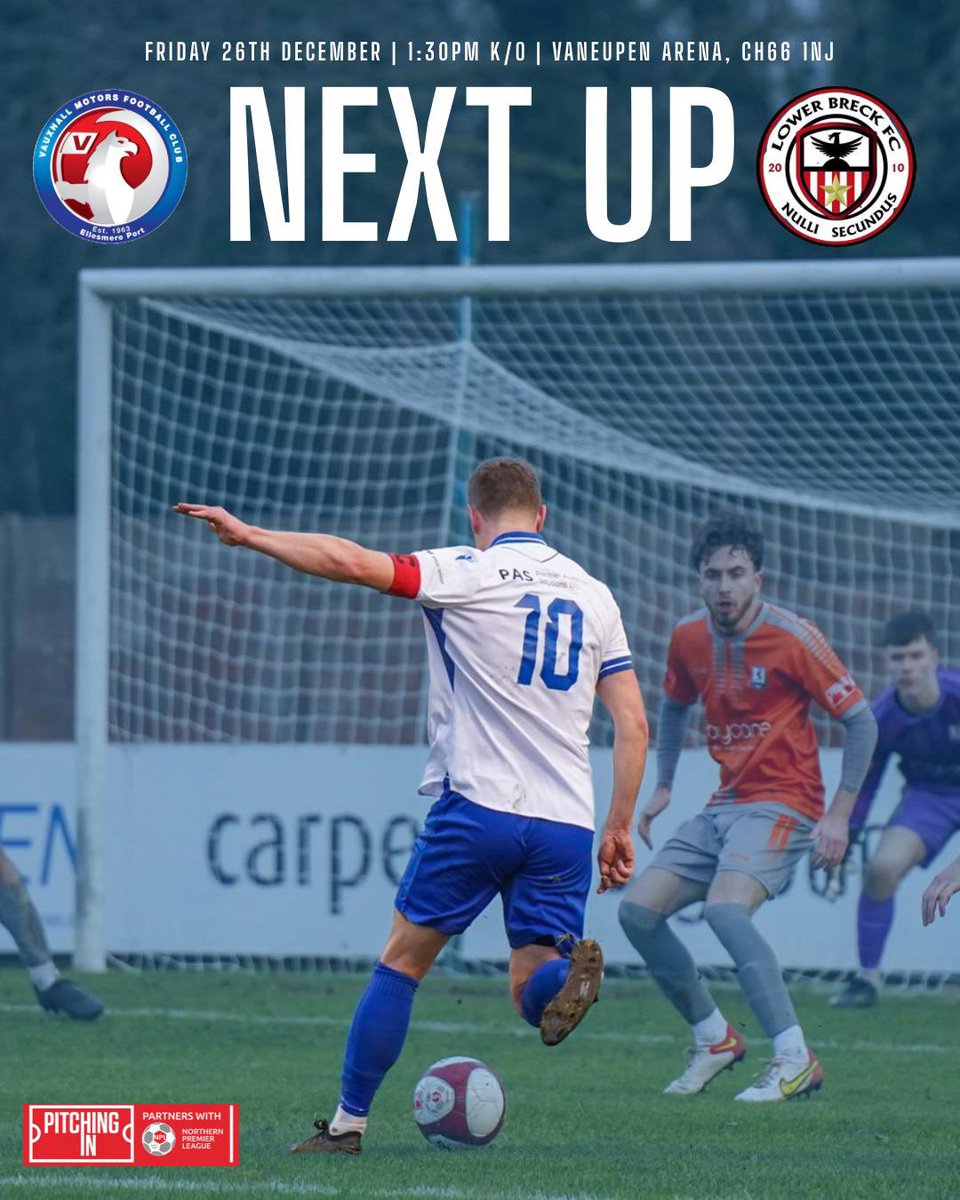 vmfc_'s tweet photo. NEXT UP vs @lowerbreck 🔵⚪️

⏰ Kick-off: 1:30pm

After yesterday’s eight-goal thriller, Motors return to the VanEupen Arena for what promises to be a Boxing Day special against Lower Breck!

Breck currently sit top of the league, with Vauxhall the division’s highest goal-scorers, making this a fixture you won’t want to miss! 🔥 

#COYM