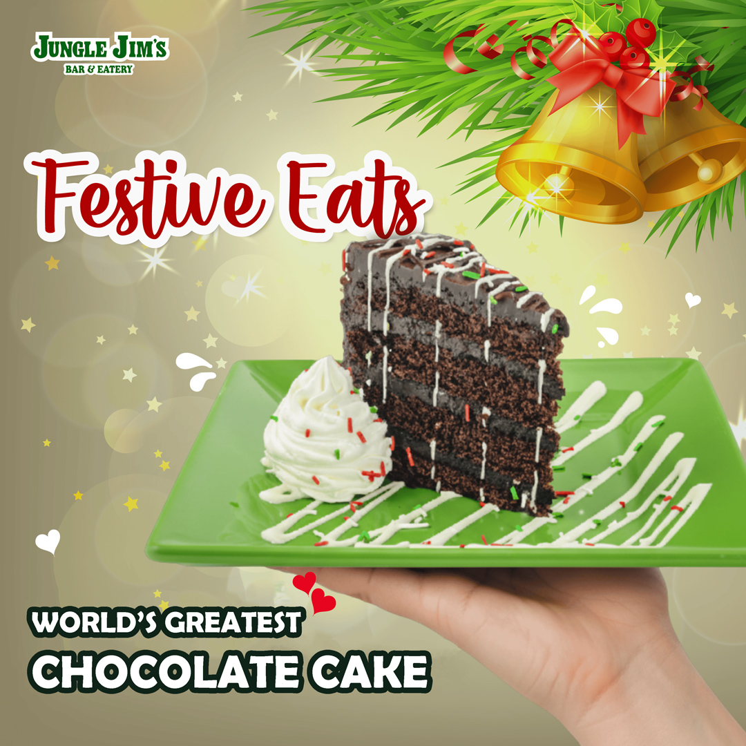 Ho-ho-holy chocolate! 🎅🍰
Eight decadent layers, creamy frosting, festive sprinkles — it’s dessert done Jungle Jim’s style!