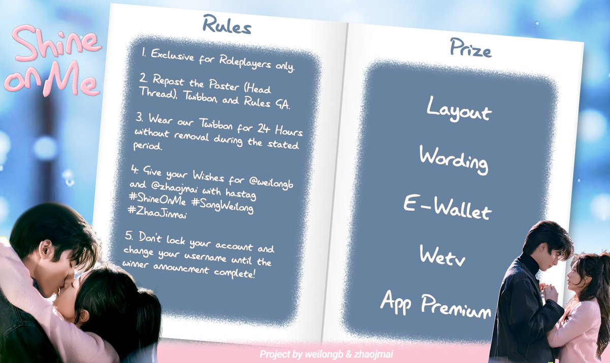 kzstudio_'s tweet image. ˖๑. Step into a winter glow where warmth quietly blooms around 𝗦𝗛𝗜𝗡𝗘 𝗢𝗡 𝗠𝗘 ⭑.🌳🍉
Follow the rules, wear the twibbon, and share the light of Song Weilong &amp;amp; Zhao Jinmai.
Join the 𝗚𝗶𝘃𝗲𝗮𝘄𝗮𝘆 where soft fortunes shine and chosen hearts receive gentle prizes.