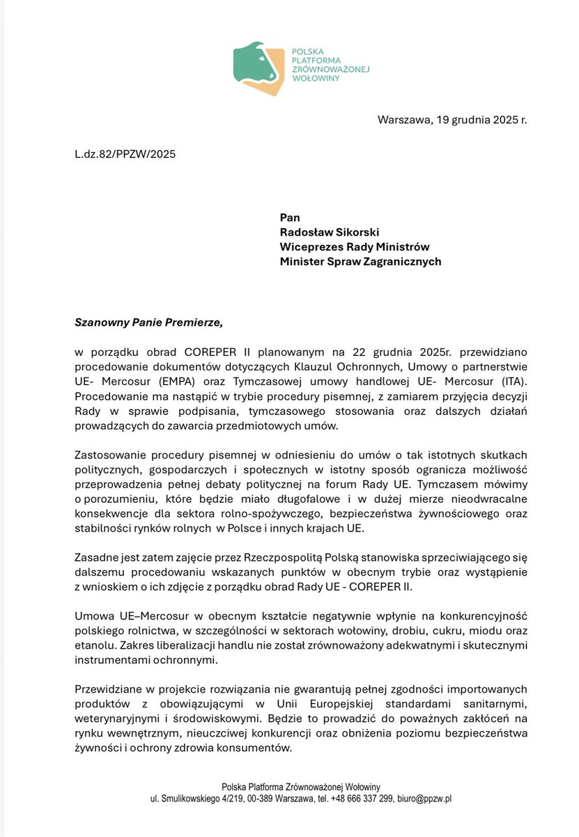 jacekzarzecki's tweet image. Apelujemy do  @sikorskiradek: nie zgadzajcie się na głosowanie w sprawie klauzul  i umowy UE -Mercosur na  #COREPER  bez debaty! 🇵🇱 Rolnicy nie mogą zostać ofiarą polityki pisanej na skróty. Stawką jest przyszłość polskiego rolnictwa i bezpieczeństwo konsumentów. #Mercosur