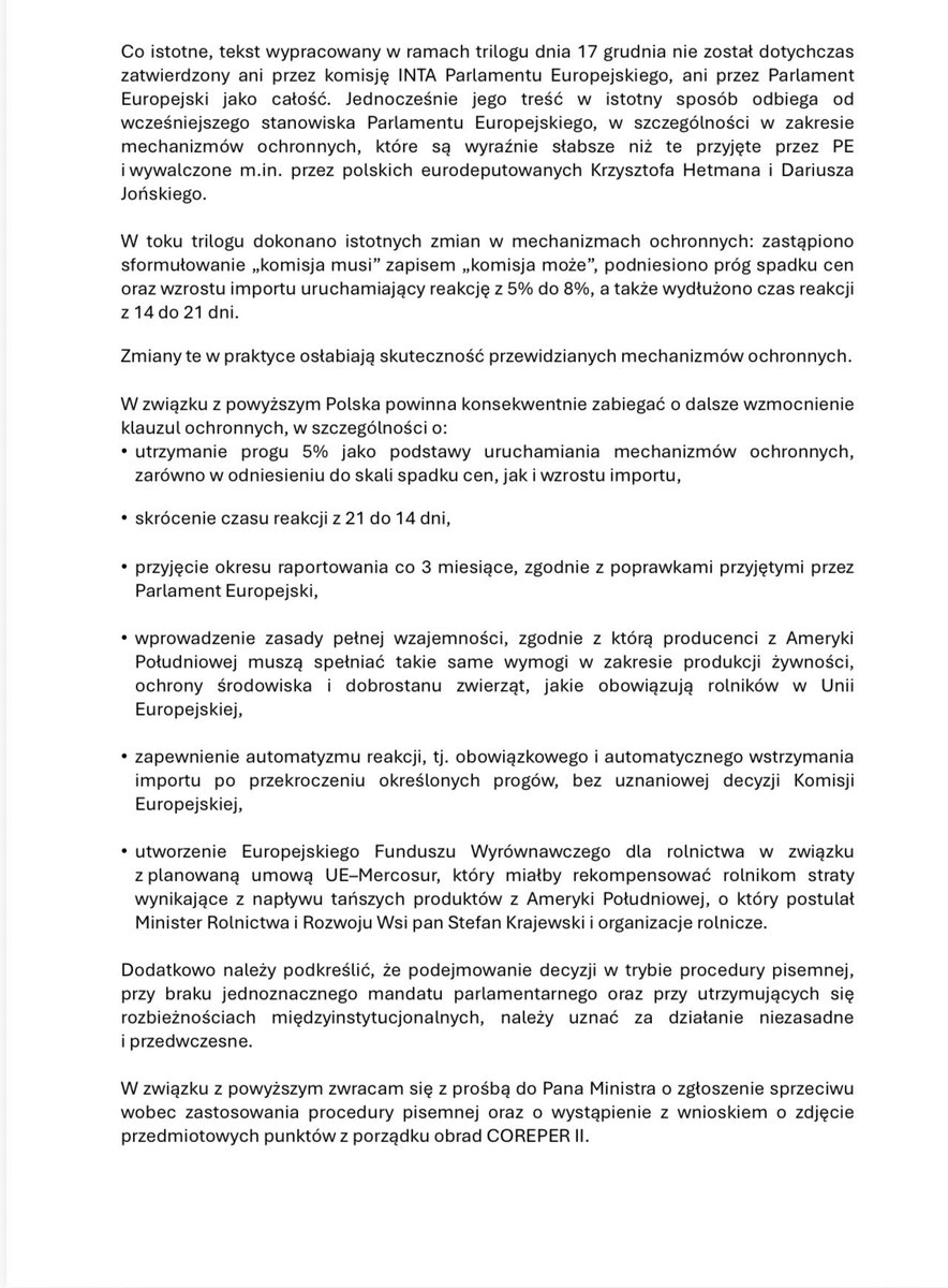 jacekzarzecki's tweet image. Apelujemy do  @sikorskiradek: nie zgadzajcie się na głosowanie w sprawie klauzul  i umowy UE -Mercosur na  #COREPER  bez debaty! 🇵🇱 Rolnicy nie mogą zostać ofiarą polityki pisanej na skróty. Stawką jest przyszłość polskiego rolnictwa i bezpieczeństwo konsumentów. #Mercosur