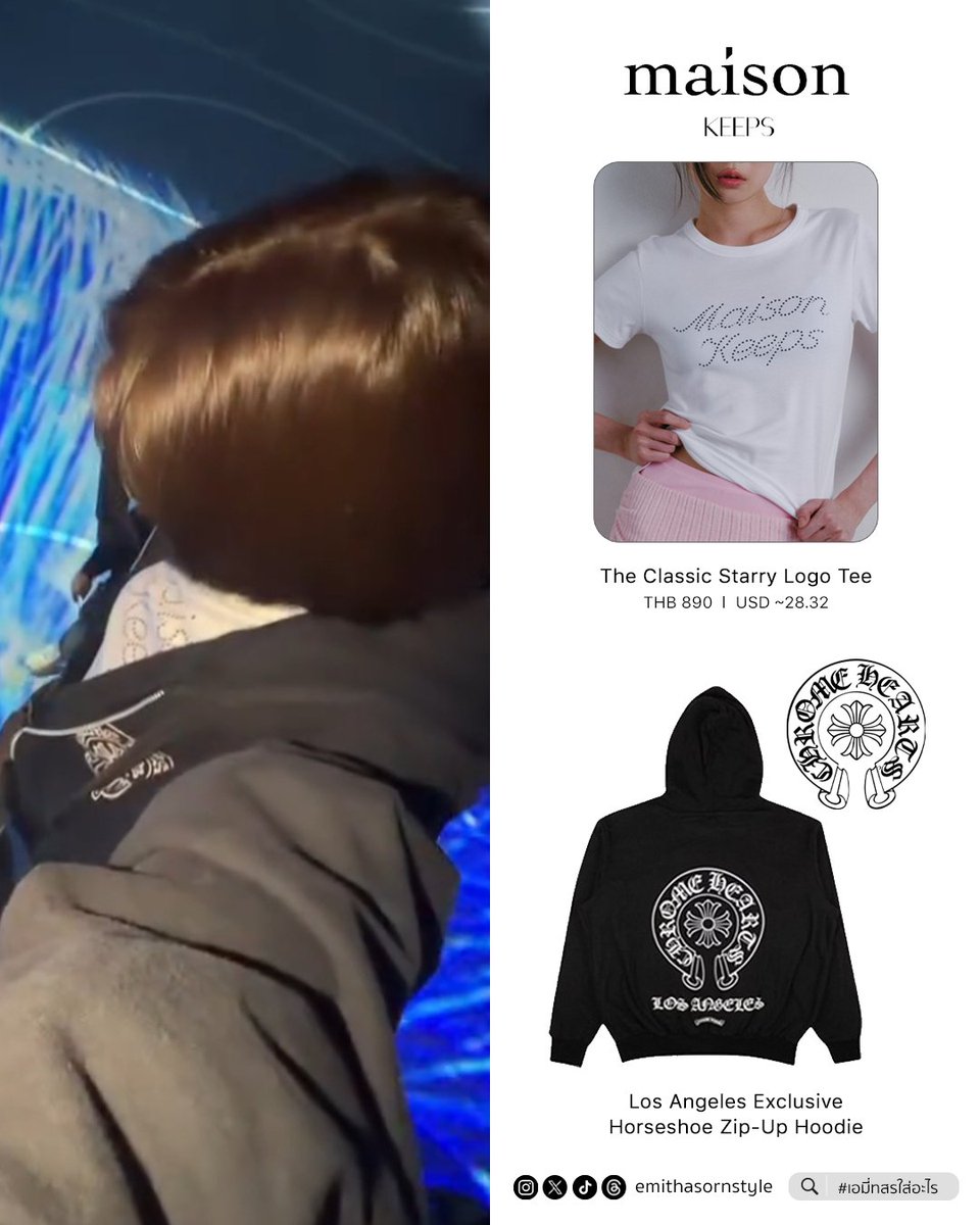 emithasornstyle's tweet image. EMI THASORN STYLE ✨

Emi Thasorn wears ;
#maisonkeeps The Classic Starry Logo Tee
#chromehearts Los Angeles Exclusive Horseshoe Zip-Up Hoodie

EMIBONNIE ANY GO GO
#GMMTVStarlympics2025
#emiamily #emithasorn 
#emithasornstyle #เอมี่ทสร 
#เอมี่ทสรใส่อะไร