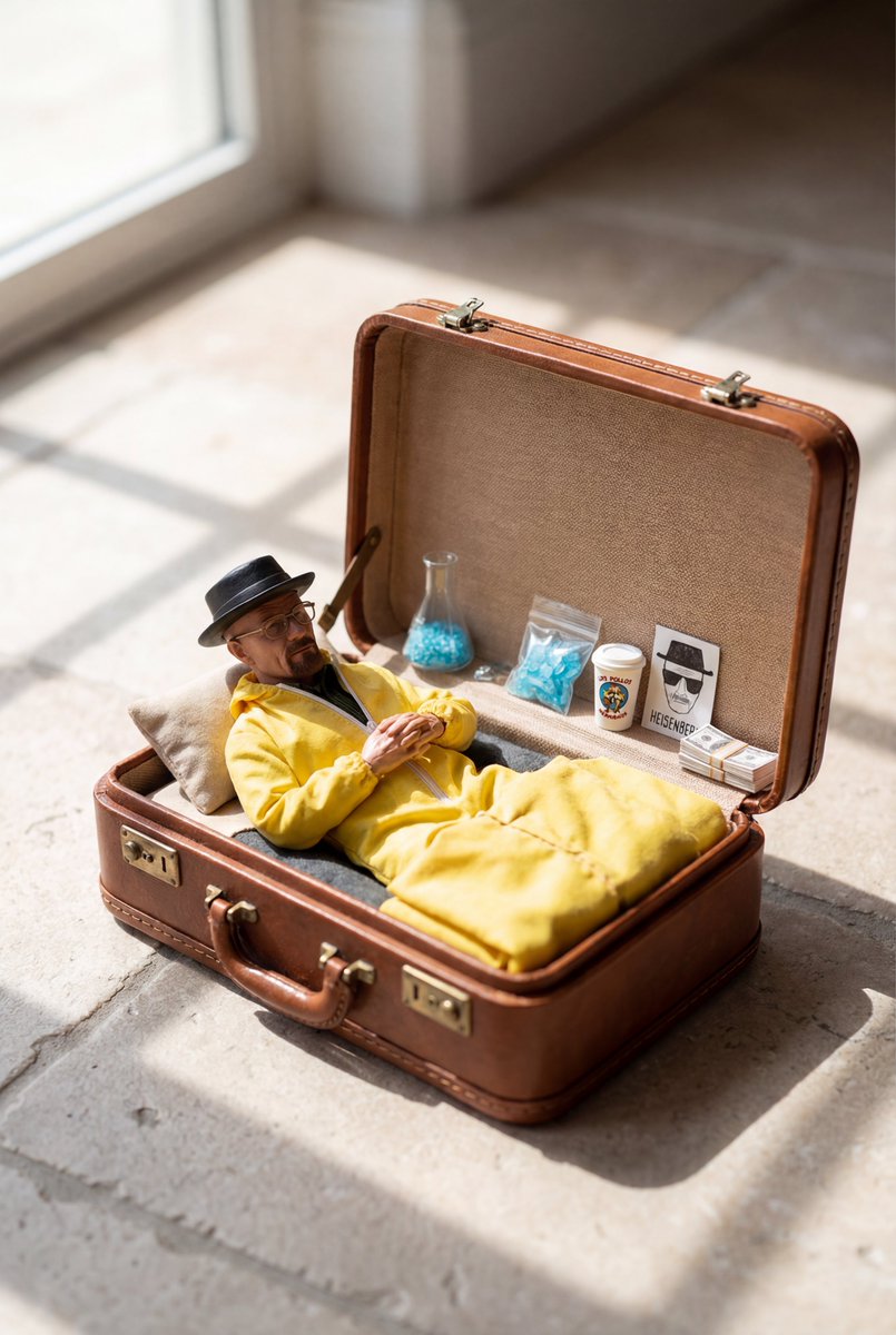 Samann_ai's tweet photo. Pocket Sized You, Fully Customized 🧳 
1️⃣drop your photo 
2️⃣pick a theme to create your tiny suitcase world

✨Made with chatGPT image 1.5 on @higgsfield_ai 

Prompt :

{
  "prompt": "Create a hyper-realistic, ultra-detailed cinematic photo featuring a MINIATURE version of the person from the provided reference image (preserve facial likeness, skin tone, hairstyle, and overall identity). The tiny character is relaxing inside an OPEN vintage hard-shell suitcase that is used like a tiny bed. The suitcase sits on a clean stone/tile floor in a bright room with strong natural sunlight casting soft rectangular window shadows across the floor.\n\nONLY VARIABLES:\n1) Character: use the user reference photo for the person’s face and identity.\n2) Theme/Genre: {THEME}\n\nCOMPOSITION & SCALE:\n- The person must be clearly mini-sized (toy-scale) relative to the suitcase, with correct perspective and believable proportions.\n- The open suitcase interior is styled like a cozy miniature scene: pillow, textured blanket or towel, and themed tiny props.\n- Add realistic micro-details: fabric weave, zipper teeth, suitcase latches, scuffs, stitching, subtle dust, realistic contact shadows.\n\nTHEME STYLING (derive everything from {THEME}):\n- Choose a cohesive color palette and make the SUITCASE COLOR match the theme (e.g., beach = warm coral/sand; football = deep green/black or team-inspired; sporty = bold neon accents; cozy-casual = muted cream/tan; luxury = black/ivory/gold).\n- Dress the tiny character in an outfit that fits {THEME}.\n- Place 5–8 tiny theme props neatly inside the suitcase near the character (miniature scale, photoreal materials). Examples by theme:\n  • Beach: tiny sunscreen bottle, mini sunglasses, seashells, flip-flops, mini straw hat, folded towel.\n  • Football/Soccer: tiny soccer ball, mini jersey/scarf, cleats, shin guards, whistle, small tactic board.\n  • Sporty/Fitness: tiny water bottle, mini dumbbell, resistance band, smartwatch, towel, energy bar.\n  • Cozy/Casual: tiny book/magazine, mug, knitted throw, headphones, mini candle.\n(If {THEME} is different, invent equivalent props that strongly communicate that theme.)\n\nLIGHTING & CAMERA:\n- Bright natural sunlight, soft realistic shadows, subtle bounce light, HDR-like dynamic range.\n- Photographic realism: shallow depth of field (but keep face and key props sharp), 50–85mm lens look.\n- No text, no logos, no watermarks.\n\nFINAL LOOK:\n- Hyper-real, high detail, clean editorial product-photography vibe, believable miniature diorama realism, crisp textures and natural skin rendering.",
  "negative_prompt": "cartoon, CGI, illustration, anime, plastic-looking skin, uncanny face, distorted anatomy, extra fingers, deformed hands, duplicated limbs, wrong perspective, unrealistic scale, blurry, low-res, noisy, harsh artifacts, over-smoothed, bad shadows, floating objects, cluttered scene, messy background, text, watermark, logo, brand names, extra people, face not matching reference",
  "variables": {
    "THEME": "beach | football | sporty | cozy-casual | luxury | etc.",
    "USER_IMAGE": "reference photo uploaded by the user (required)"
  }
}
