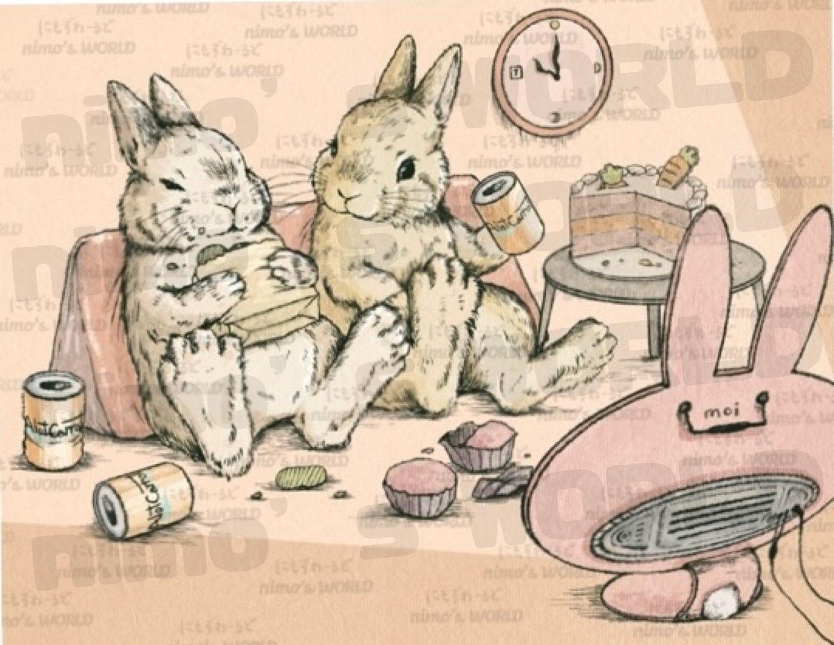 WorldNimo's tweet image. 新作『何気ない毎日が幸せ』カラー版
沢山食べて飲んで！ホームパーティを楽しむうさぎ達🐰

#イラスト