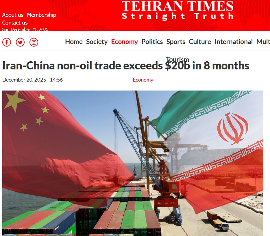 GeringTuvia's tweet image. Iran-China non-oil trade reached about $20.15 billion in the first eight months of the current Iranian year (March–November 2025), with China remaining Iran’s top partner for both non-oil exports and imports in this period, according to the Islamic Republic of Iran Customs…