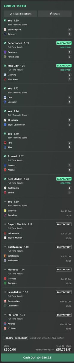 THE CHRISTMAS FOOTBALL ACCAS / PARLAYS ARE NICELY COOKING FOR US! 🔥

8 PICKS DOWN ✅
6 TOTAL PICKS TO GO ⏳👀

LIKE ❤️ + RETWEET 🔄 THIS TWEET &amp; I’LL GIVEAWAY £10,000 TO ONE FOLLOWER THIS CHRISTMAS! 🎅🏾🎁 

MY NEXT ACCAS WILL BE POSTED IN MY TELEGRAM 👉🏾 t.me/lemzyltd