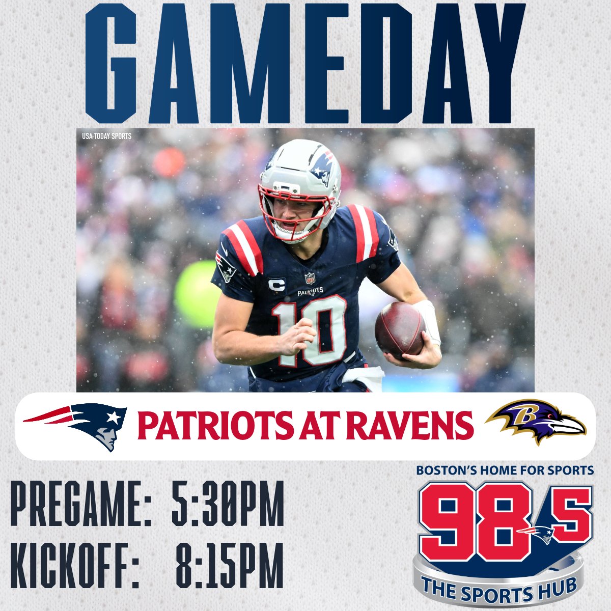 985TheSportsHub's tweet image. SUNDAY NIGHT FOOTBALL: The Patriots are in Baltimore to play the Ravens tonight. Marc Bertrand and Chris Gasper begin coverage with Patriots Preview at 5:30pm