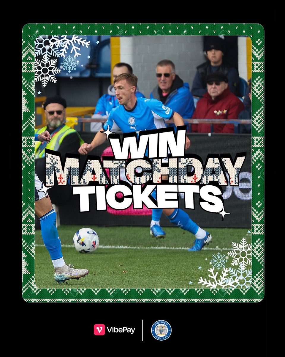 VibePay's tweet image. 🎟️ Want to WIN a pair of Matchday Tickets?!

We’ve got a pair of tickets to give away for Stockport County vs Doncaster on Monday 29th December at Edgeley Park! ⚽️

As an Official Partner of Stockport County, we’re giving VibePay followers the chance to be there live in the…