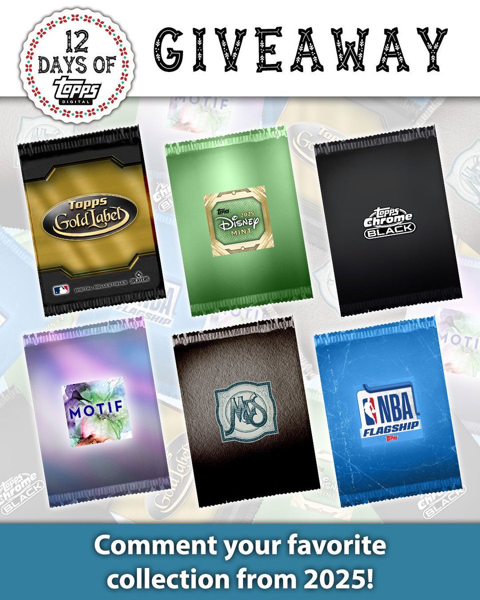 ToppsDigital's tweet photo. 12 Days of Topps rolls on! What was your favorite 2025 collection from one of our @Topps apps? Tell us below &amp; include your app of choice and in-app username for a chance to win! #ToppsTwelve https://t.co/MX3FqKkeKW