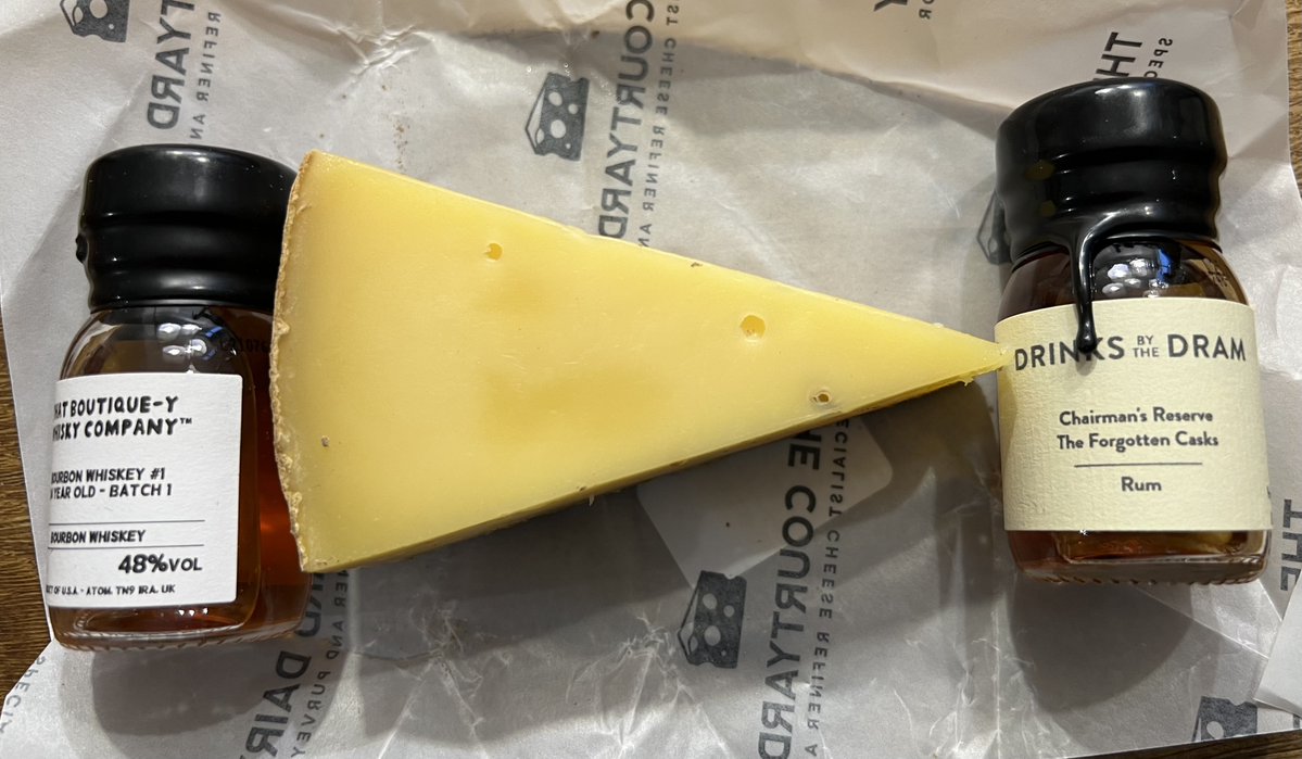 tug's tweet image. Advent Calendars Day 21 Cheese Moreton, Whiskey That Boutique-y Whisky Company Bourbon Whiskey #1 24 Year Old Batch 1 48%ABV, Rum Chairman's Reserve The Forgotten Casks 40%ABV from St Lucia