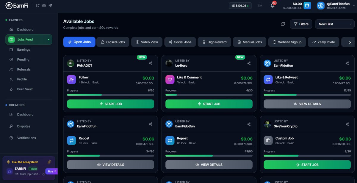 EarnFidotfun's tweet image. Waking up to newly listed jobs on EarnFi&amp;gt;&amp;gt;&amp;gt;

Join our creators and jobbers.
Create jobs or complete jobs and earn SOL.
Fast, simple, and beginner-friendly.

Register now at earnfi.fun