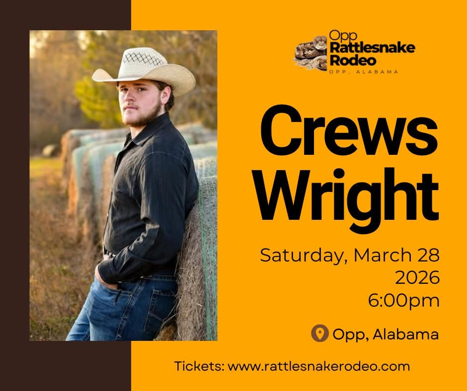 CrewsWrightMusi's tweet photo. 🚨  RATTLESNAKE RODEO:
We’re excited to announce that American Idol Golden Ticket winner, Crews Wright will be kicking off our Saturday entertainment, opening for Trace Adkins at the Opp Rattlesnake Rodeo! 
📅 Saturday, March 28
⏰ 6:00pm
Tickets at https://t.co/IJ9G46EExW https://t.co/Fg87tQ0ku0