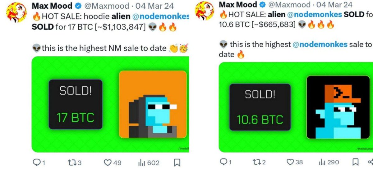 NikkiSixx_7's tweet image. NFT piyasasının ne halde olduğuna şöyle örnek vereyim 🔴

Mart 2024'te insanlarda iştah o kadar yüksekti ki NodeMonkes'in Alien traitli parçaları 17 BTC &amp;amp; 10.6 BTC gibi fiyatlara gidiyordu. Koleksiyon floor price $61K ile ATH yapmıştı. Şimdi $1750 fp siz düşünün artık. Çok kötü