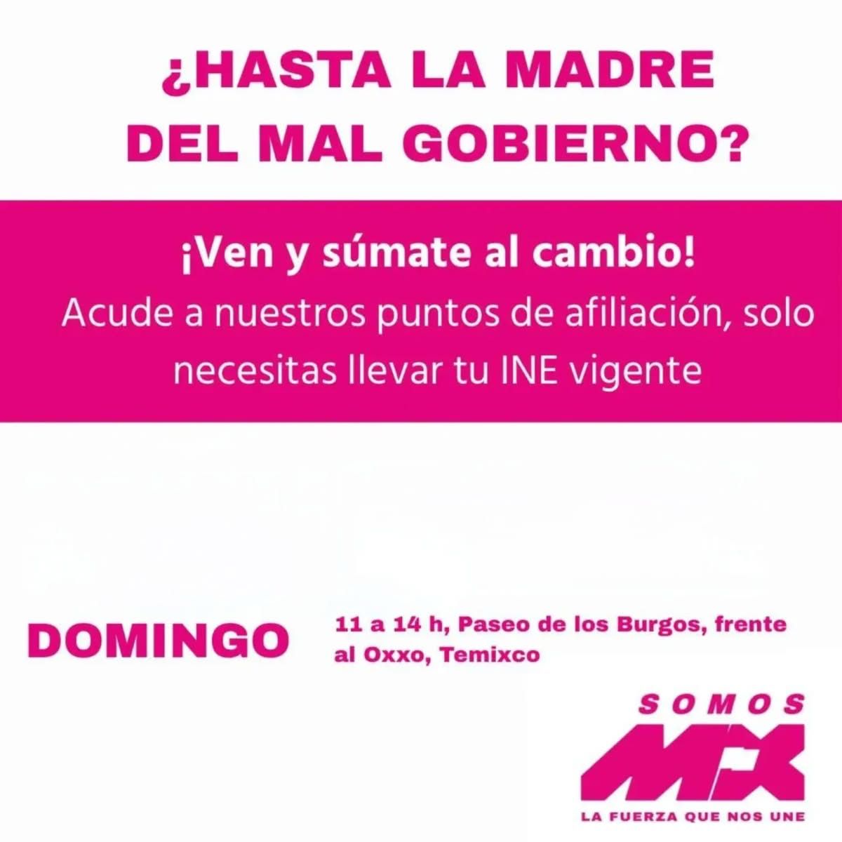 Buen dia! Hoy estaremos en nuestro punto de afiliación en Paseo de los Burgos, frente al oxxo de Temixco apartir de las 11:00 hrs. Acercate y afíliate a #SomosMX 
No olvides traer tu INE vigente #LaFuerzaQueNosUne #somosméxico #somosmxmorelos #AFILIATE
