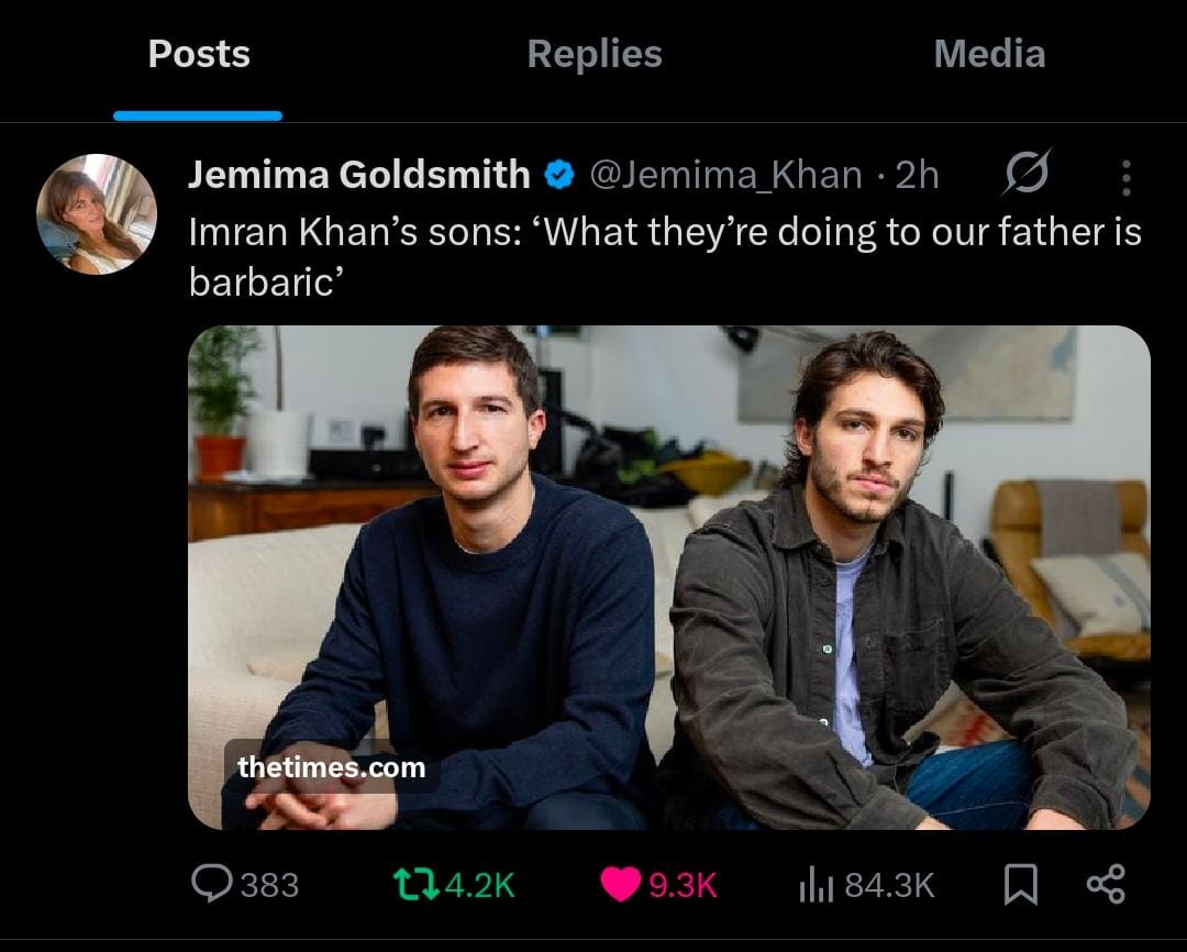 جمائمہ خان کی ٹویٹ 🚨
قاسم اور سلیمان کہہ رہے ہیں، وہ ہمارے والد کے ساتھ وحشیانہ سلوک کر رہے ہیں📢