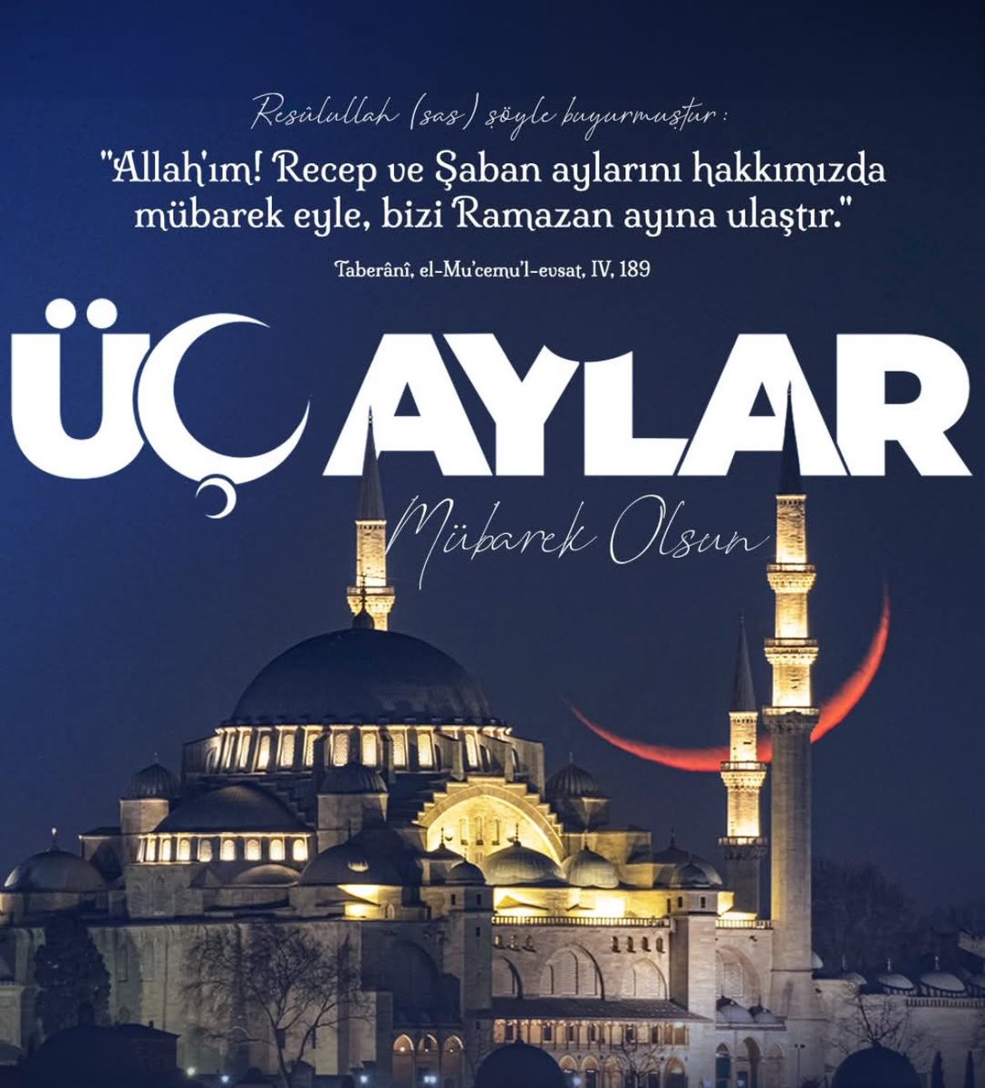 Bizleri rahmet ve mağfiretle kuşanmış bu manevi iklime bir kez daha kavuşturan Yüce Rabbimize hamdolsun.
Mübarek #ÜçAylar’ın milletimize ve tüm insanlığa sağlık, afiyet ve hayırlar getirmesi duası ile...🌙