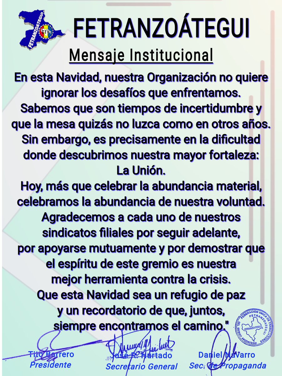 Fetranzoategui's tweet photo. Que estas fechas sirvan para renovar fuerzas y para mirar hacia el futuro con la determinación de quienes no se rinden. #fetranzoategui #ctv https://t.co/ZrEZ9FL9O0