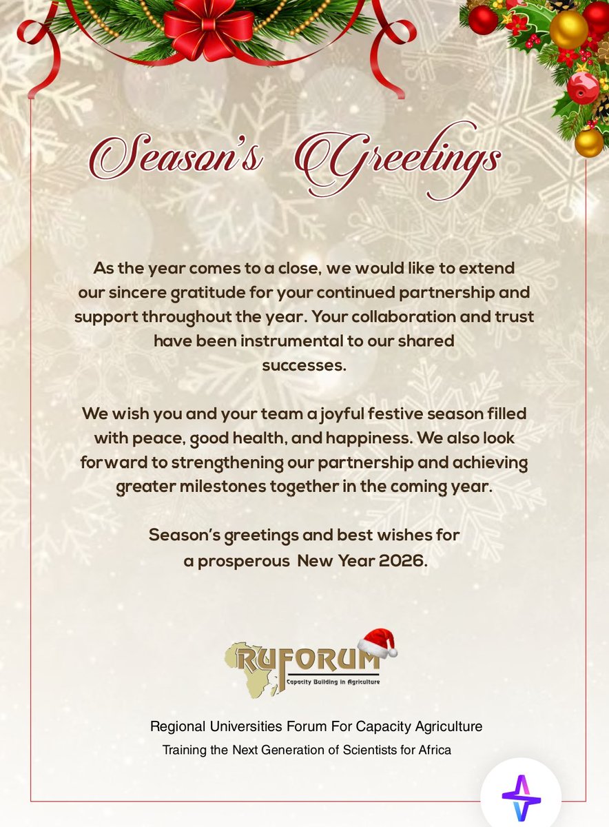 ruforumsec's tweet photo. @ruforumsec wishes you all a Merry Christmas 🎄🎁🎄 and a prosperous New Year 2026. May the New Year bring you blessings, joy, peace and good health https://t.co/NESuRh4Dix