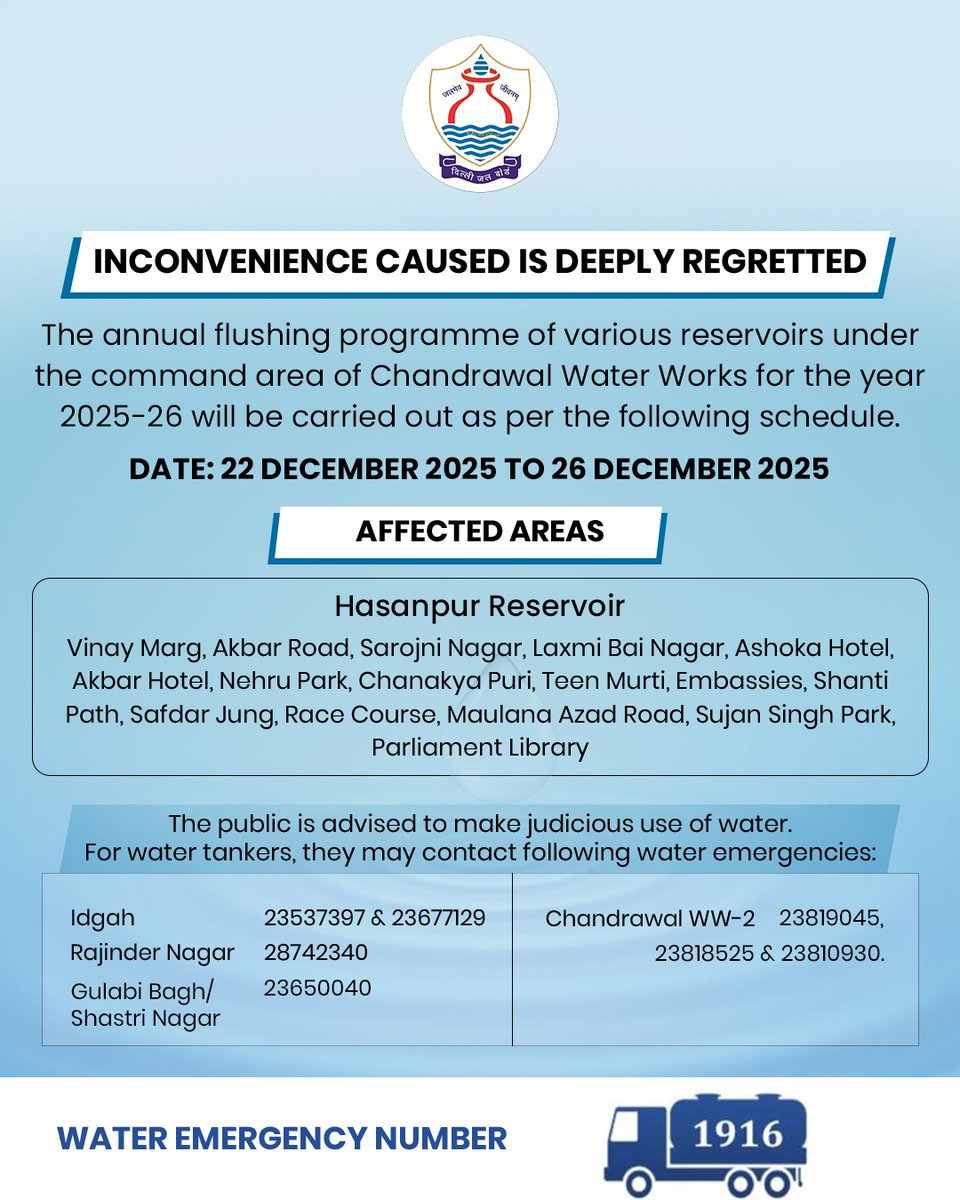 DelhiJalBoard's tweet photo. !!Water Alert!!
The annual flushing programme of various reservoirs under the command area of Chandrawal Water Works for the year 2025-26 will be carried out as per the following schedule.

Date: 22 December 2025 to 26 December 2025
Affected Area: Hasanpur Reservoir

@CMODelhi @gupta_rekha @p_sahibsingh @IasKaushal @SinghKinny 
#DJB #alert