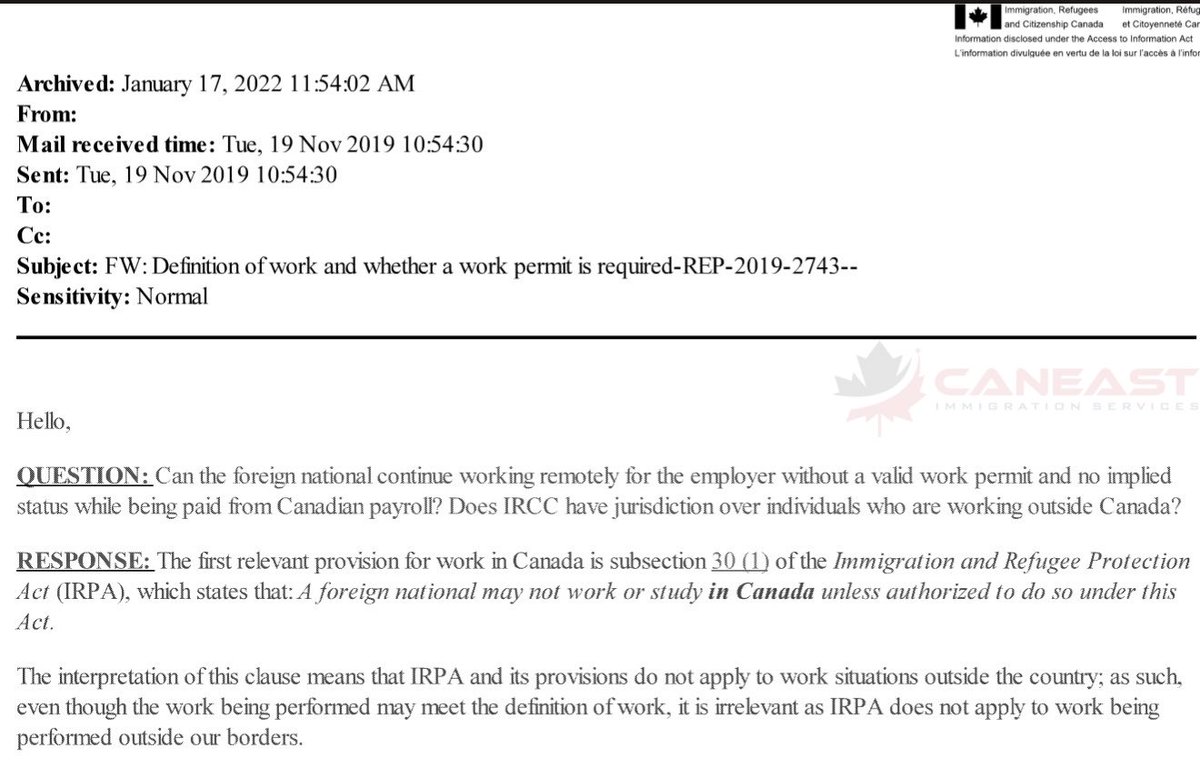 MannyLidher's tweet image. REP-2019-2743- Remote Work Outside Canada

Q: If a foreign national is on Canadian payroll, but physically outside Canada working remotely, and has no valid work permit / no implied status, can they keep working? Does IRCC have jurisdiction?

A: Yes, they can keep working. IRPA…