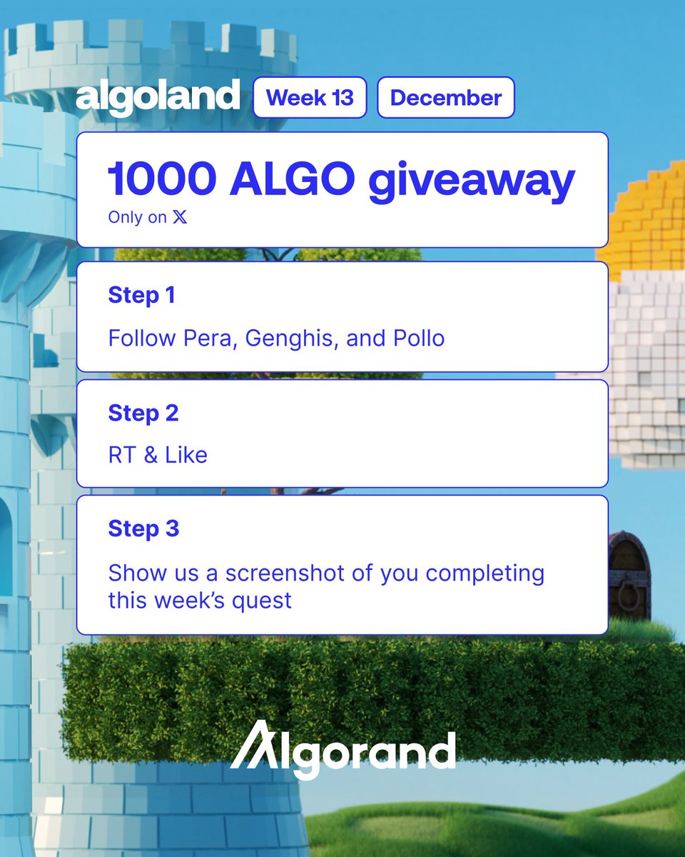 AlgoFoundation's tweet image. It’s the final giveaway for Algoland, as we near the end of Week 13.

Win 1,000 ALGO by doing the following:

1. Follow @PeraAlgoWallet, @ShopWithGenghis and @pollovote
2. RT &amp;amp; Like
3. Reply with proof you completed this week’s quest