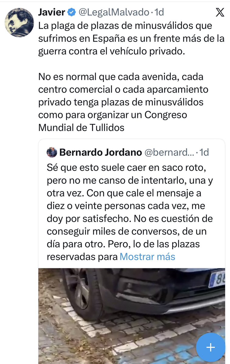 JRunningteam's tweet photo. Legal Malvado va efectivamente de muy malote y le encanta meterse con los derechos de las personas con discapacidad porque ve que de 400 plazas en un parking hayan 8 de movilidad reducida es una amenaza para su integridad como conductor (no como persona que de eso va falto). Probablemente es que arañe el coche cada vez que aparca en una que no sea PMR y necesite más espacio. Iniciemos una recogida de firmas para que haya plazas de aparcamiento para él. Cabe recordarle que los vehículos de personas con movilidad reducida son también vehículos privados, que igual piensa que mi furgo es un bien público. Lo de usar minusválidos y tullidos en un mismo post es algo digno del Premio Planeta.  @bernardojordano estamos contigo!