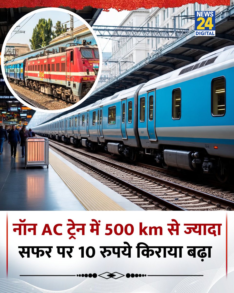 news24tvchannel's tweet photo. रेलवे ने जनरल, स्लीपर और एसी श्रेणी के टिकटों के किराए बढ़ा दिए हैं

◆ 500 किलोमीटर से ज्यादा सफर पर नॉन एसी कोच में 10 रुपये अतिरिक्त देने होंगे

◆ निम्न आय वाले यात्रियों के लिए लोकल ट्रेनों का किराया नहीं बढ़ाया गया

#Railway | Train Tickets | #ACSleeper | #TravelCost | #India