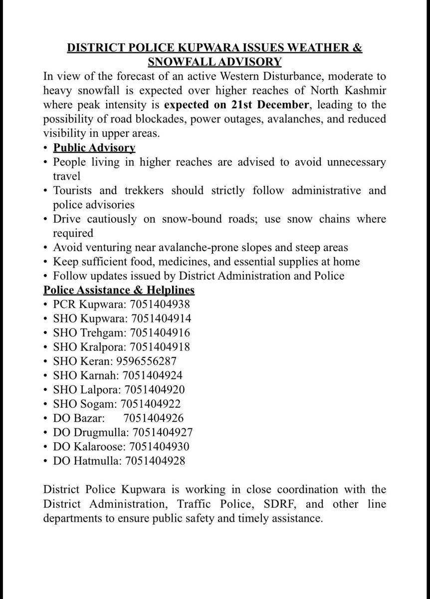 LoneBassu's tweet photo. “DISTRICT POLICE KUPWARA ISSUES WEATHER &amp; SNOWFALL ADVISORY” https://t.co/H9USi2Btov