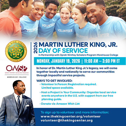 TheKingCenter's tweet photo. On Jan. 19, 2026, the Martin Luther King, Jr. Day of Service will mobilize volunteers nationwide to honor Dr. King’s legacy through action.
Get involved: https://t.co/Ce78zVugCr
#MLKDay #MLKDay26 #KHO26 #BelovedCommunity #Nonviolence365 #BeLove #MLK https://t.co/k196Ds2sRp