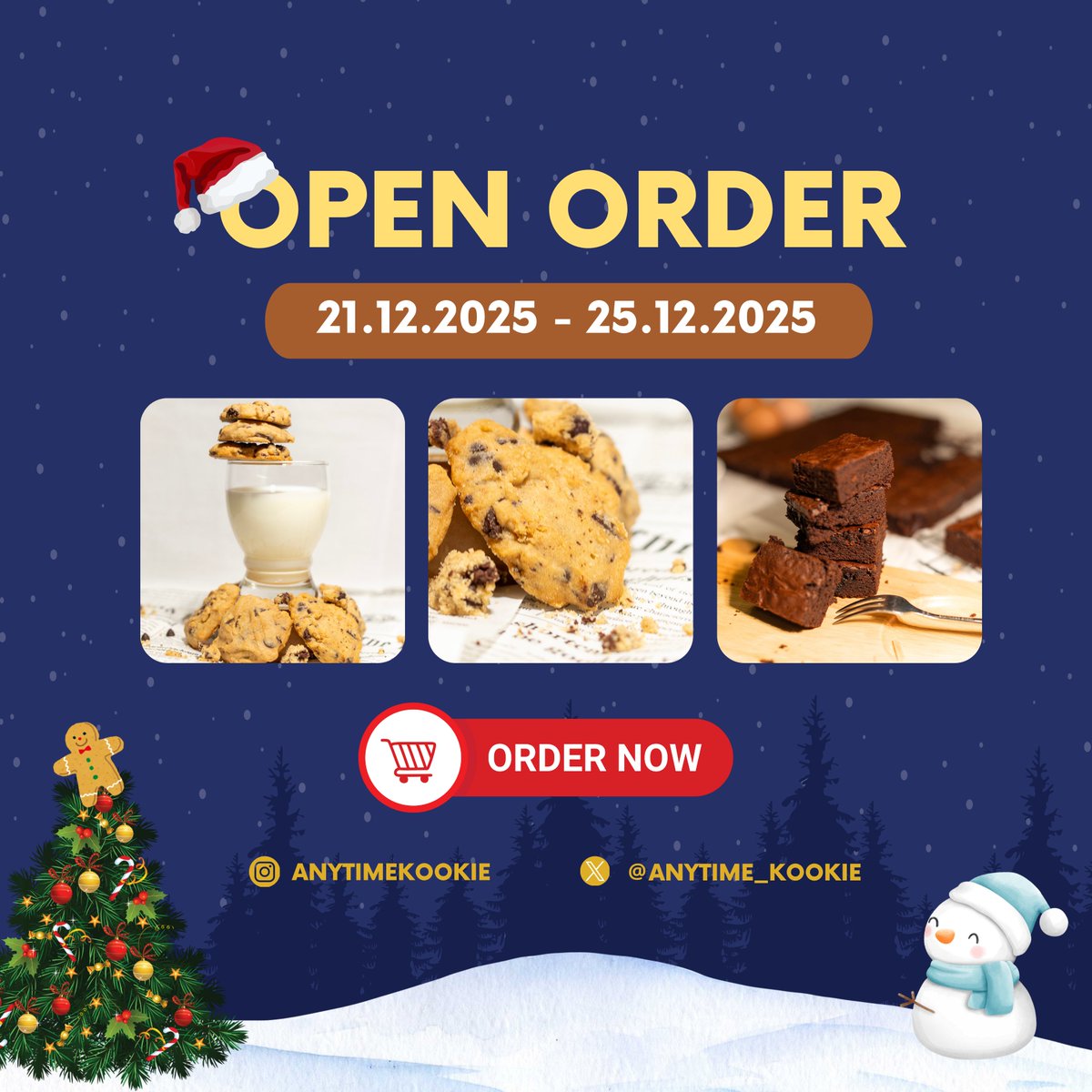 OPEN ORDER !! 🍪

พร้อมเปิดเตาความอร่อย..ส่งท้ายปี 2025 🎄 มาเติมความสุขพร้อมอิ่มท้องไปกับ Anytime Kookie ในช่วงเวลาดีๆแบบนี้กันนะครับ 

📍Open Order: Google form
🔗 forms.gle/MogHuiQc8hxTK5…
🗓 21.12.2025-25.12.2025

IG : Anytimekookie
X: <a href="/Anytime_kookie/">Anytimekookie</a>
#Anytimekookie