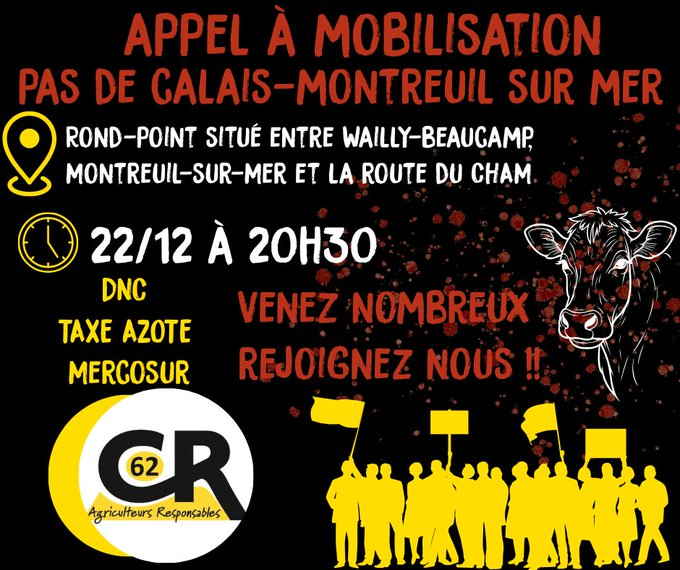 🔴🚜 APPEL À MOBILISATION – MONTREUIL-SUR-MER

La mobilisation continue et le Pas-de-Calais entre pleinement dans le mouvement.

📍 Rond-point entre Wailly-Beaucamp, Montreuil-sur-Mer et la route du CHAM
📅 Lundi 22 décembre 2025
⏰ À partir de 20h30

Agriculteurs, soutiens,