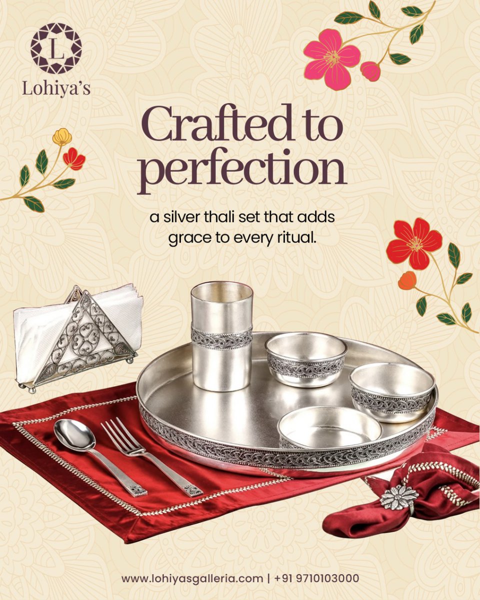 LohiyasG's tweet image. Crafted to perfection, this silver thali set adds timeless grace and purity to every ritual and celebration. Where tradition meets elegance. 

For pricing and more information connection +91 97101 03000

#silverthaliset #ritualessentials #heritagecraft #traditionalelegance