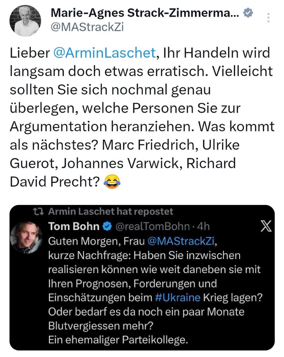 Auch wenn jemand etwas richtiges sagt, darf man ihn nicht mehr nennen oder, wie hier, reposten wegen Kontaktschuld. 

Als ich mit Argumenten kam, hat Frau Zimmermann mich gleich geblockt. Ich lade Sie <a href="/MAStrackZi/">Marie-Agnes Strack-Zimmermann</a> trotzdem nochmals herzlich ein für einen zivilisierten Diskurs der