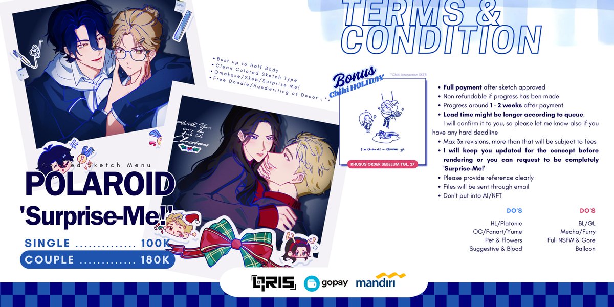 🐟 OPEN COMMISSION ✨
[↻+♡ are highly appreciated]

Aloo! I'm opening Polaroid 'Suprise-Me!' Commission for local only 🇮🇩 Tersedia dalam 3 slot for each menu and Chibi bonus khusus untuk pembelian sebelum tgl. 27!

DM me if you interested ദ്ദി˶•̀֊•́)✧ (1/3)
#opencommission