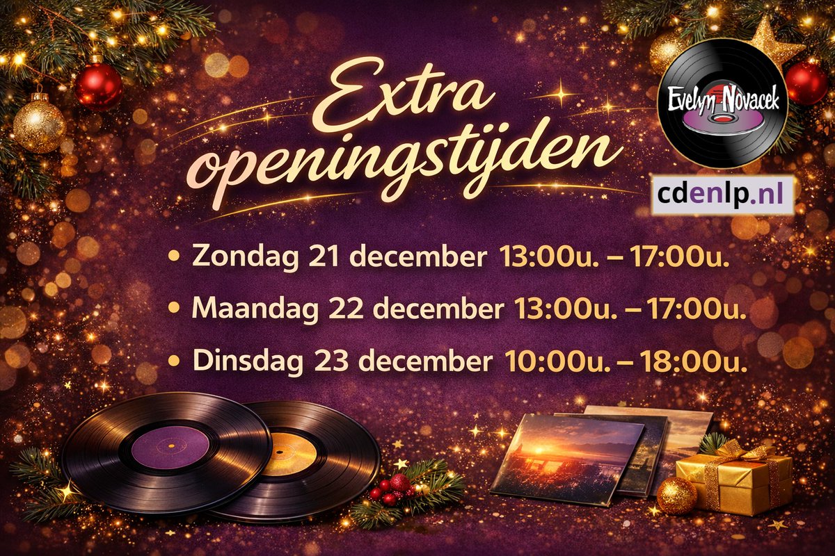 Nog op zoek naar een mooi cadeau of een fijne plaat voor jezelf?
Onze bakken staan vol moois, en we zijn deze week extra vaak open!
• Zondag 21 dec: 13:00 – 17:00
• Maandag 22 dec: 13:00 – 17:00
• Dinsdag 23 dec: 10:00 – 18:00
Woensdag zijn we open, zoals altijd.
Wees welkom!
