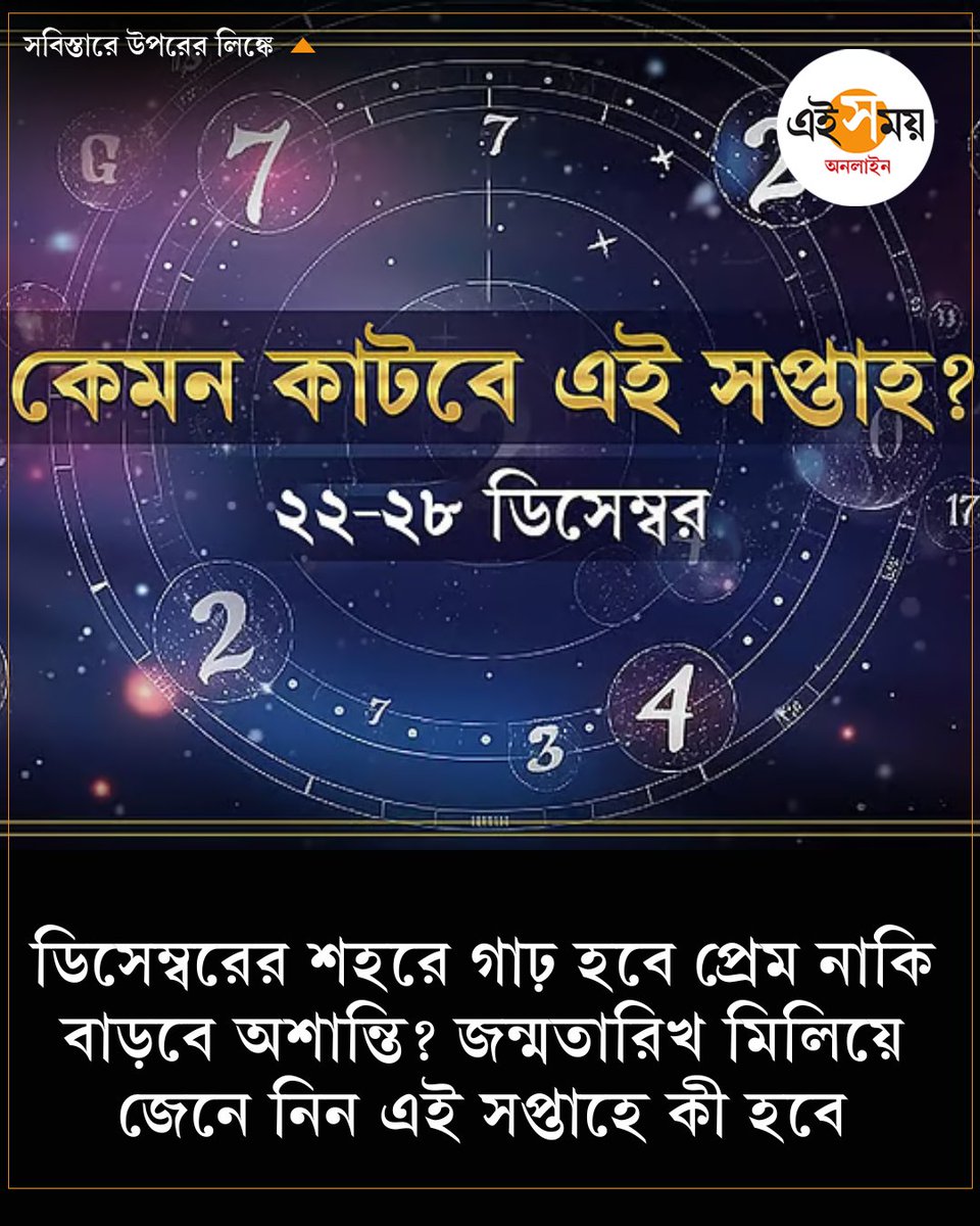 Ei_Samay's tweet photo. ডিসেম্বরের চতুর্থ সপ্তাহ কেমন কাটবে আপনার? দেখে নিন এখনই…
➡️ https://t.co/puTk0YSxb8
#astrology #dailyhoroscope #numerology #Weeklynumerology #EiSamay #eisamayonline https://t.co/KZS1rXCBR0